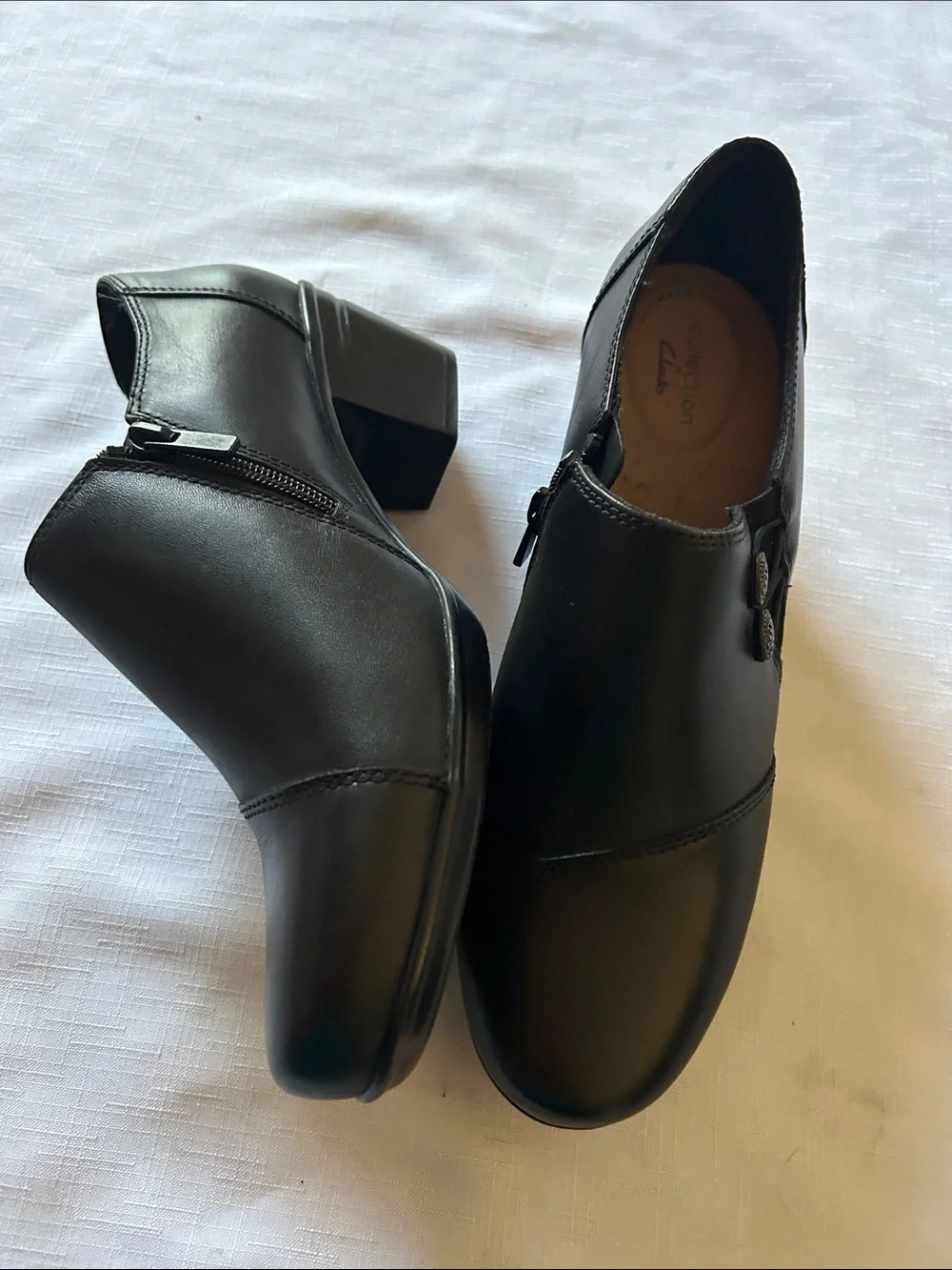 Clarks Black Leather Slip-On Loafers with Side Button Detail
